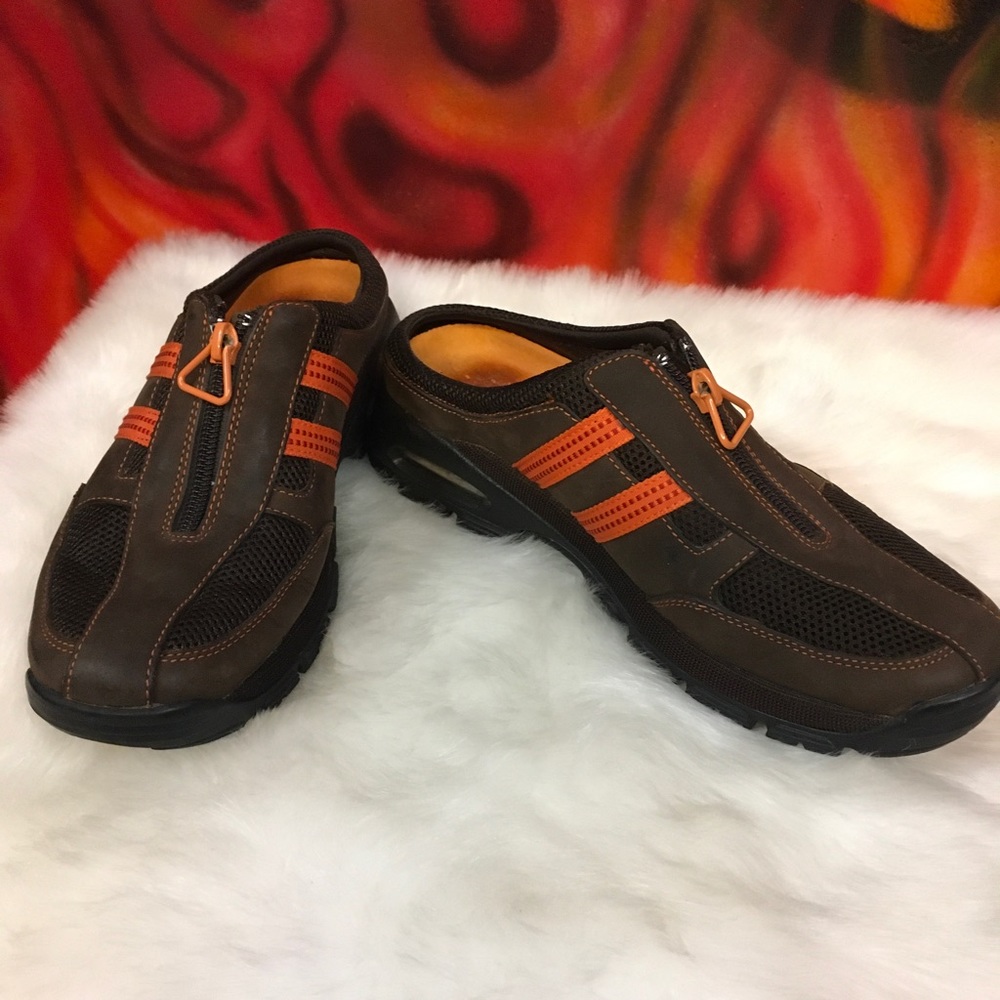 Women’s Cole Haan Nike Air Orange/Brown Leather And Mesh Mules Size 7